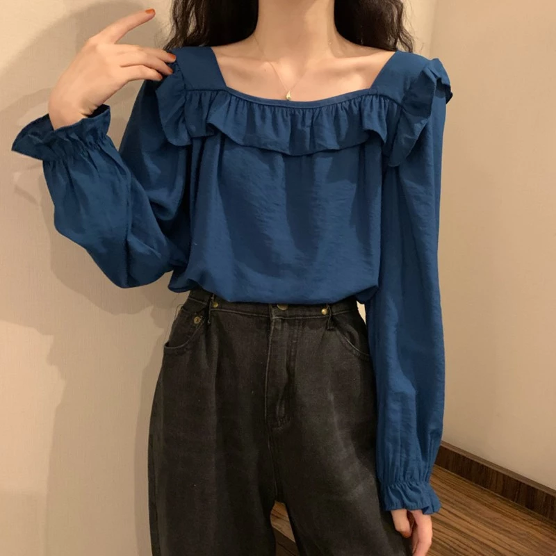 Autumn Women White Shirt Square Collar Long sleeved Solid Color Petal Sleeve Thin Blouses Women Clothing